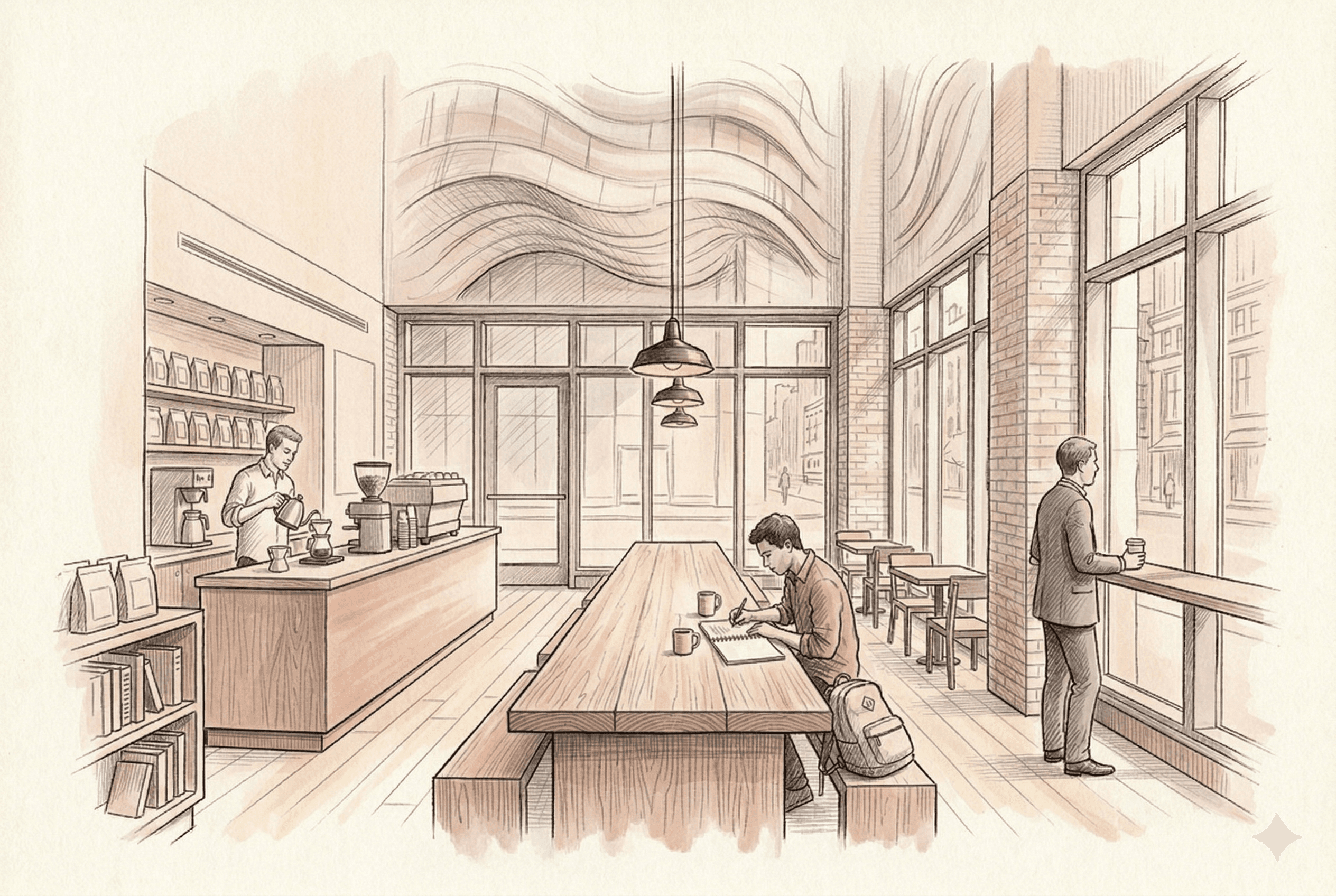 Hand-drawn sketch of Birch Coffee in Financial District