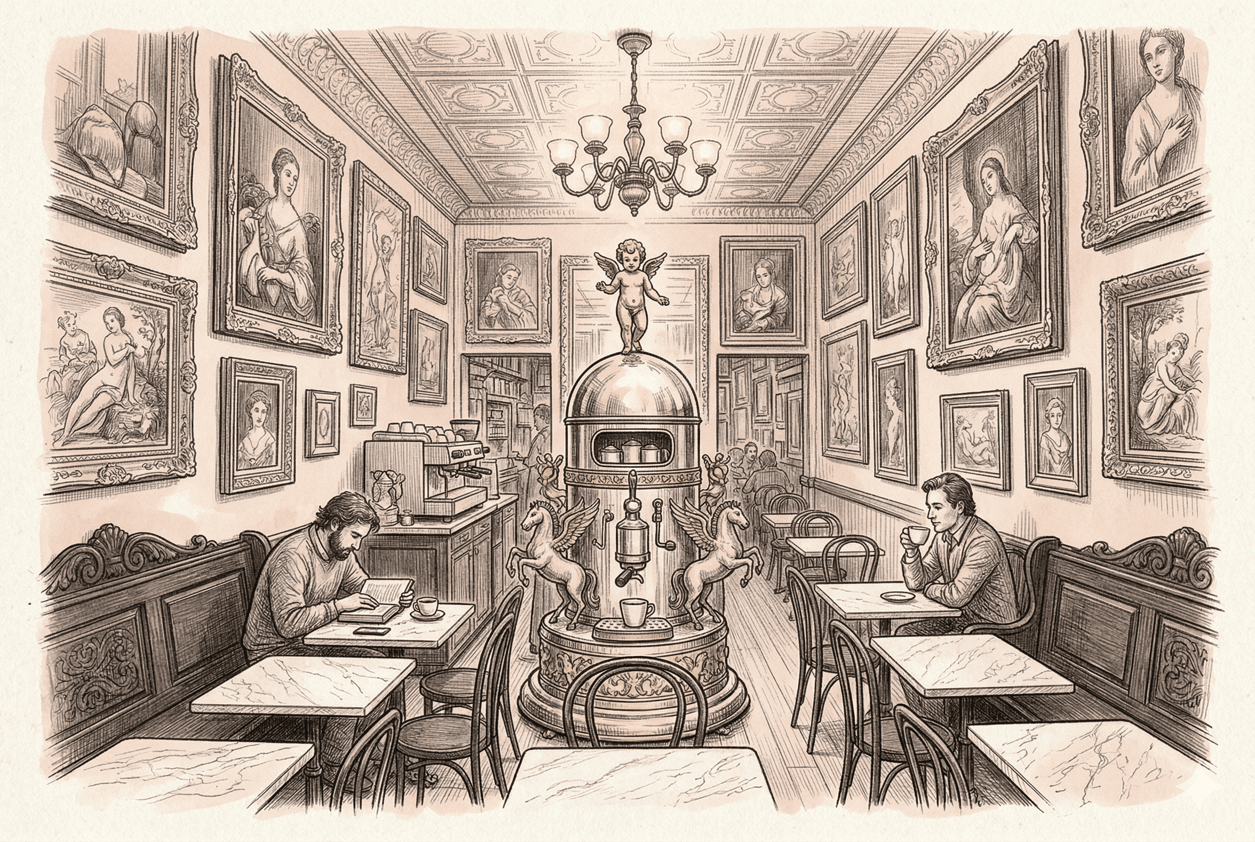 Hand-drawn sketch of Caffè Reggio in Greenwich Village