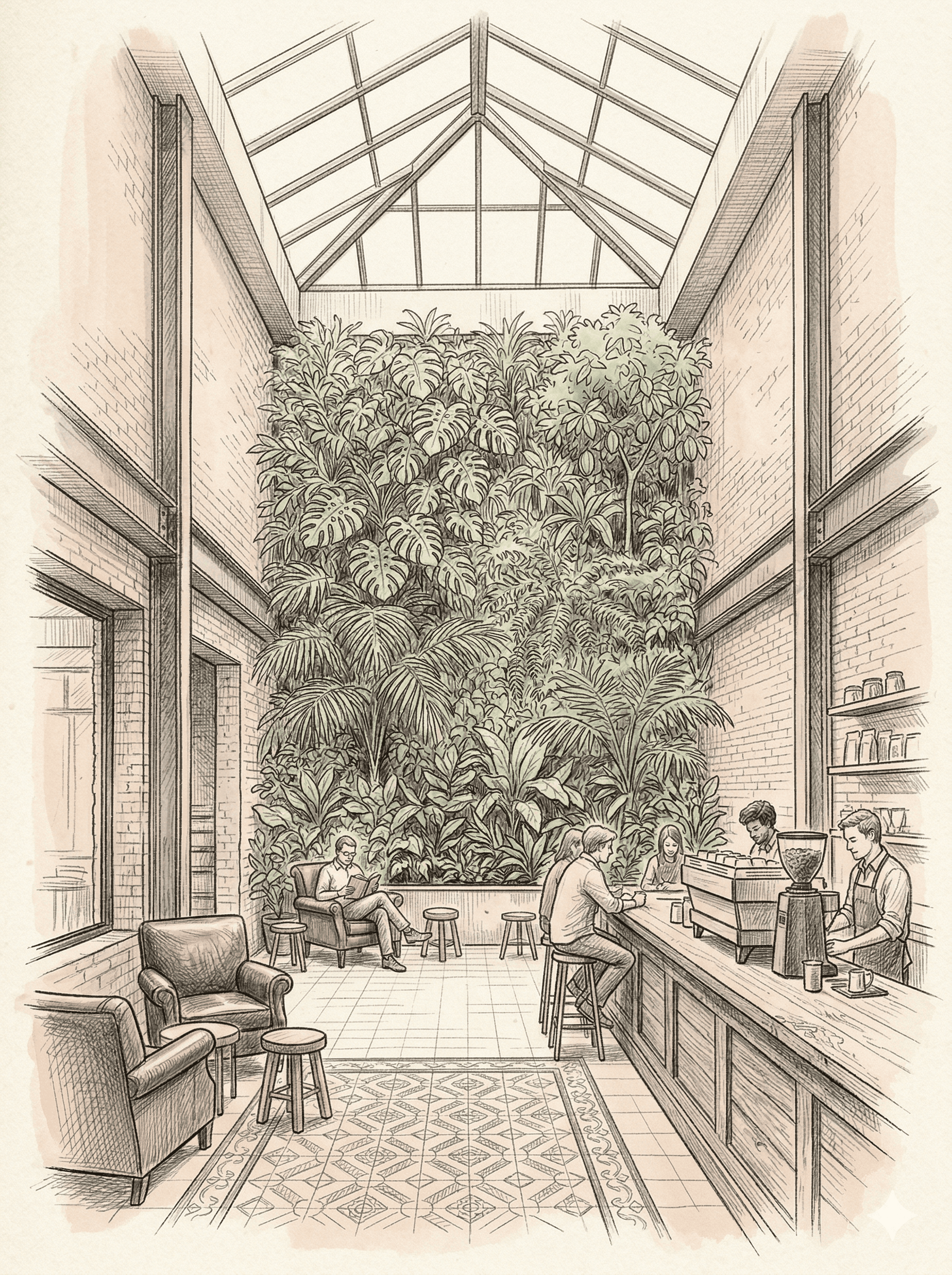 Hand-drawn sketch of Devoción in Williamsburg, Brooklyn